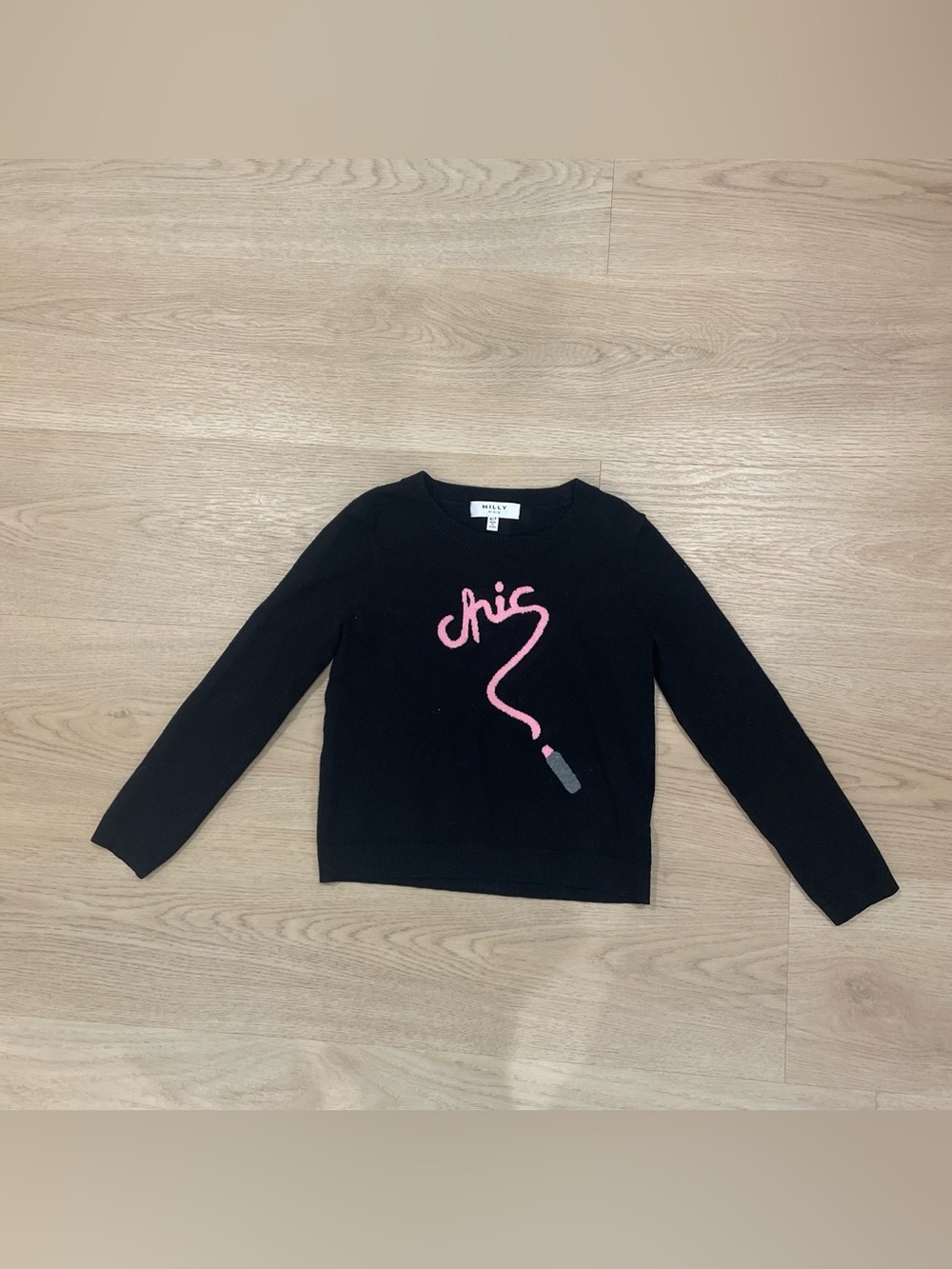 Milly Black Sweater with Pink Lipstick 'Chic' Script